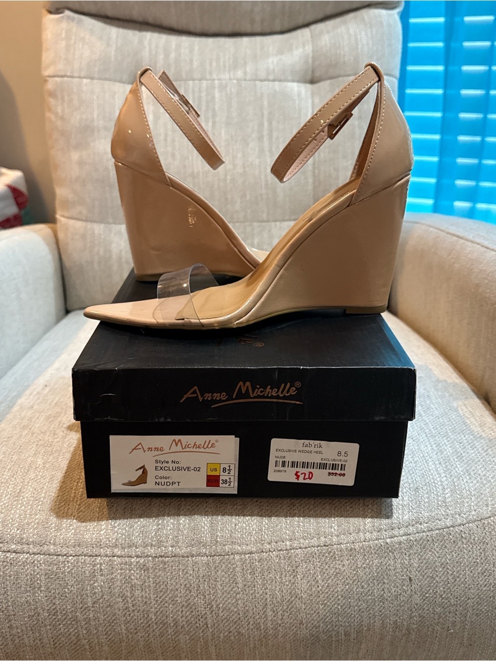 Anne Michelle Nude Patent Wedge Sandals with Clear Toe Strap
